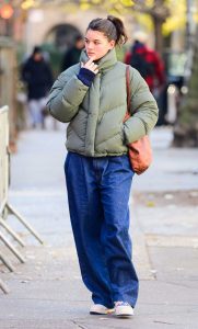 Suri Cruise in an Olive Puffer Jacket