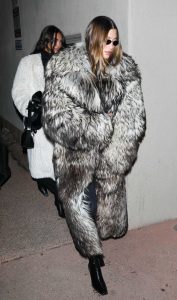 Hailey Bieber in a Grey Fur Coat