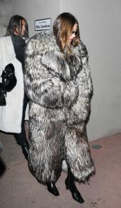 Hailey Bieber in a Grey Fur Coat