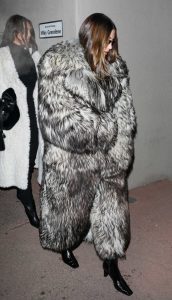 Hailey Bieber in a Grey Fur Coat