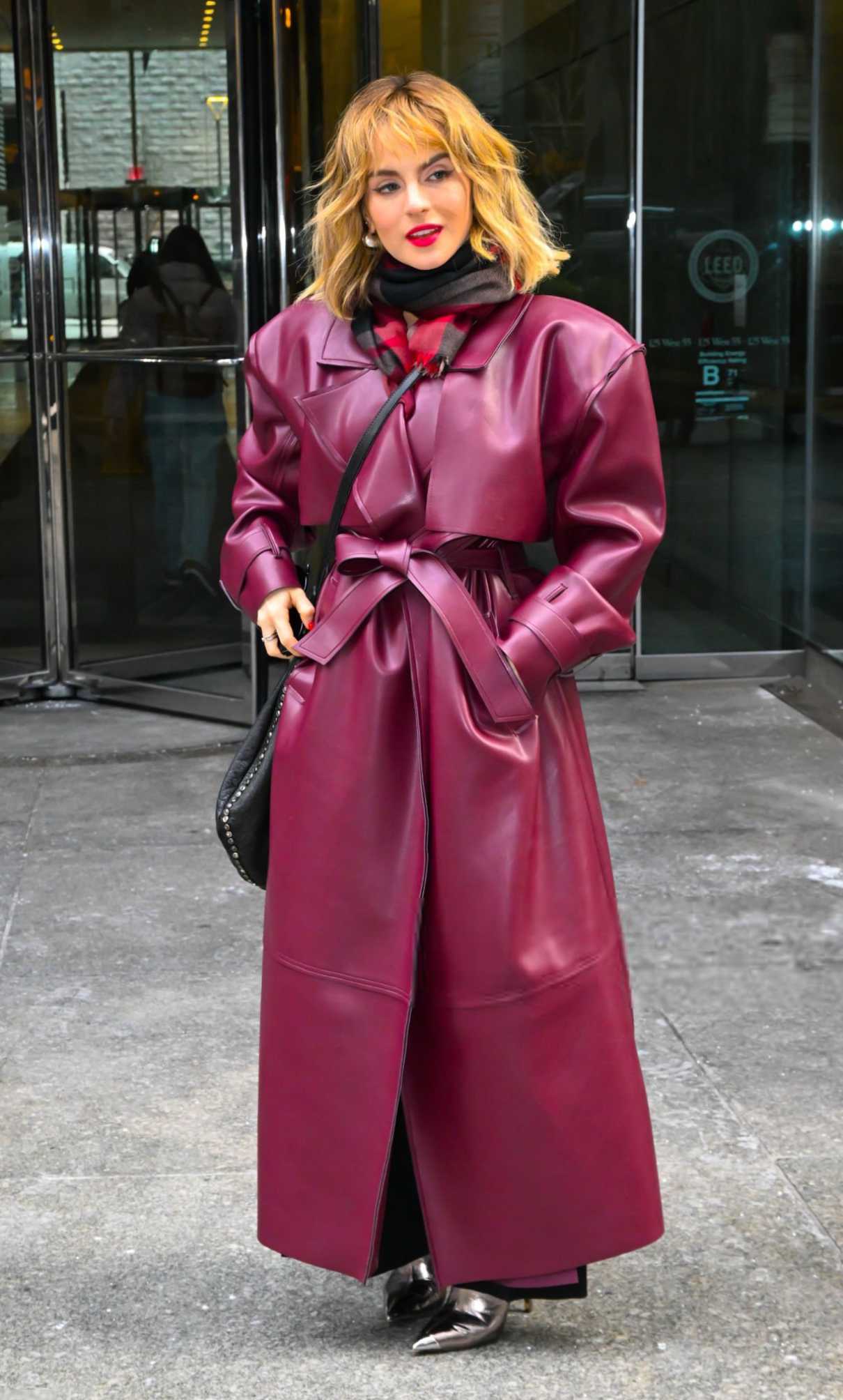 Joanna JoJo Levesque in a Burgundy Leather Coat