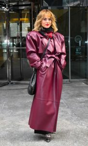 Joanna JoJo Levesque in a Burgundy Leather Coat