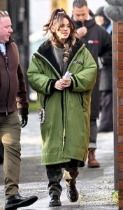 Michelle Keegan in a Neon Green Puffer Coat