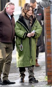 Michelle Keegan in a Neon Green Puffer Coat