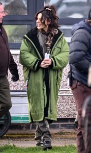 Michelle Keegan in a Neon Green Puffer Coat