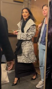 Nicole Scherzinger in a Beige Patterned Coat