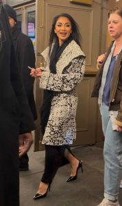 Nicole Scherzinger in a Beige Patterned Coat