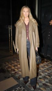 Romee Strijd in a Tan Leather Coat