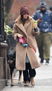 Emily Ratajkowski in a Beige Faux Fur Coat