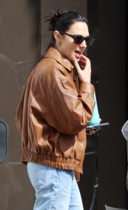 Gal Gadot in a Tan Leather Jacket