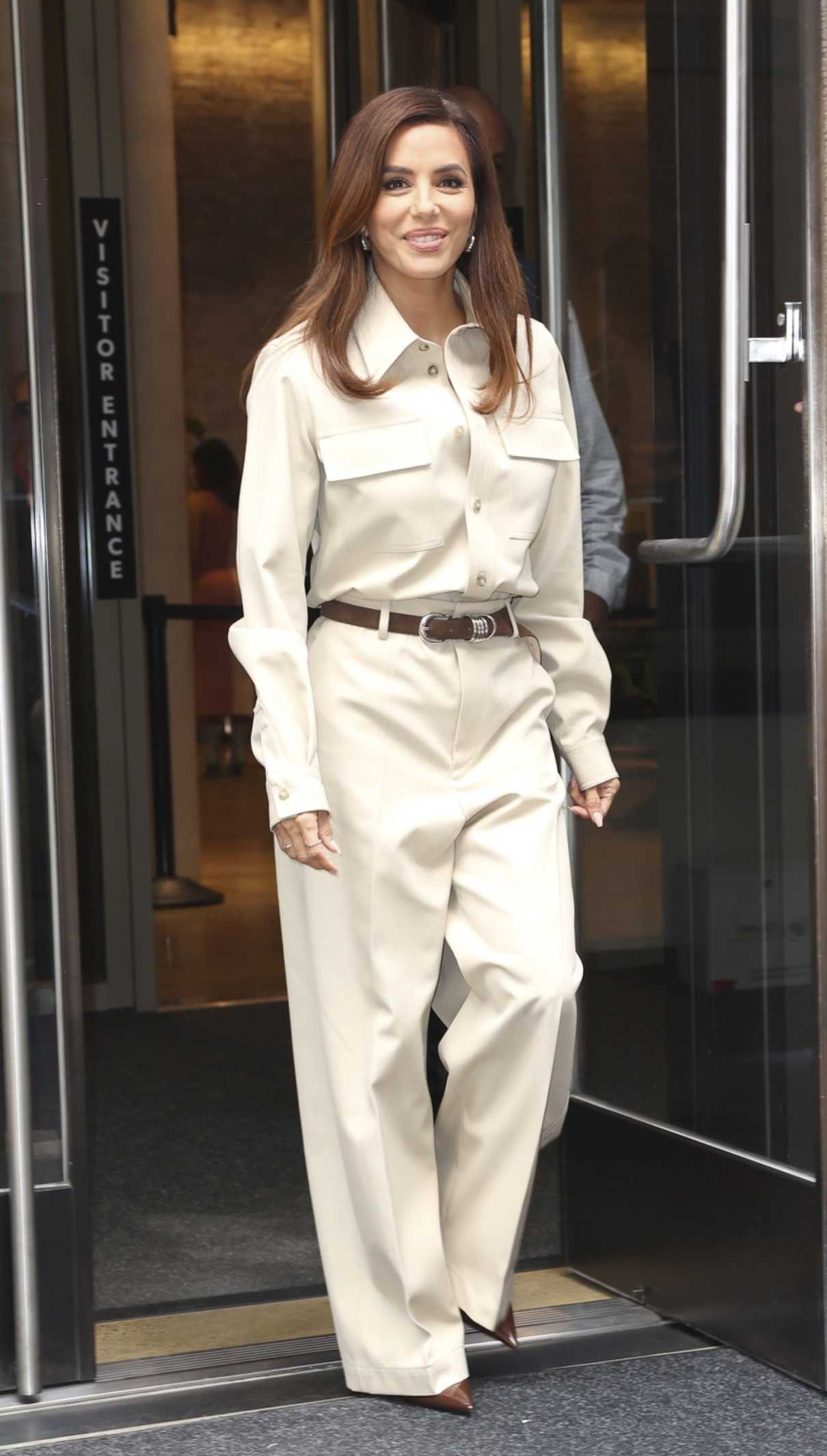 Eva Longoria in a Beige Pantsuit