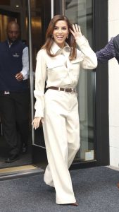 Eva Longoria in a Beige Pantsuit