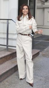 Eva Longoria in a Beige Pantsuit