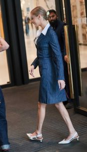 Bella Hadid in a Black Pinstriped Dress