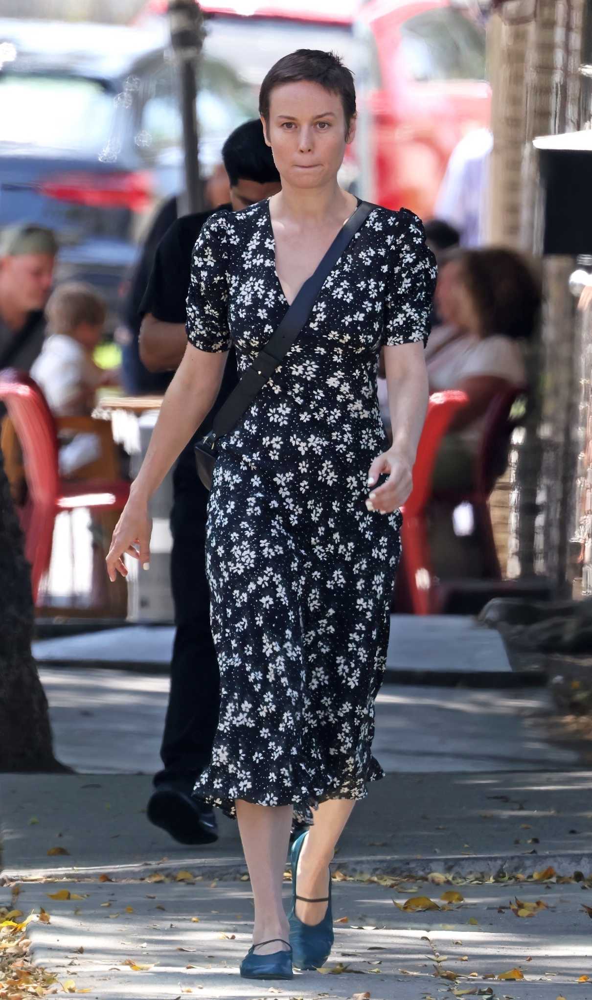 Brie Larson in a Black Floral Dress