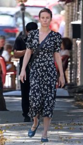 Brie Larson in a Black Floral Dress