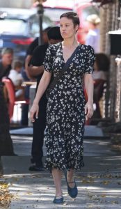 Brie Larson in a Black Floral Dress
