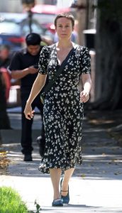 Brie Larson in a Black Floral Dress