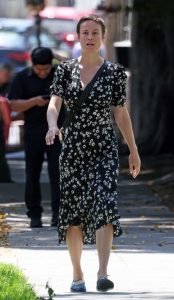 Brie Larson in a Black Floral Dress