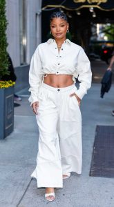 Halle Bailey in a White Pantsuit