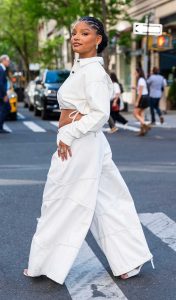 Halle Bailey in a White Pantsuit