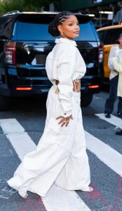 Halle Bailey in a White Pantsuit