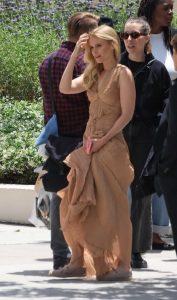 Kate Mara in a Beige Dress