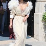 Kim Kardashian in a Beige Plunging Feathered Dress Was Seen Out in Paris 05/14/2025