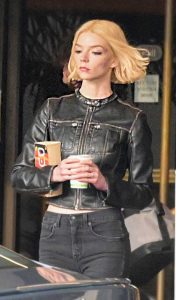 Anya Taylor-Joy in a Black Leather Jacket