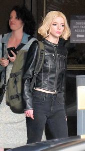 Anya Taylor-Joy in a Black Leather Jacket