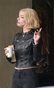 Anya Taylor-Joy in a Black Leather Jacket