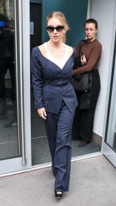Sydney Sweeney in a Blue Pinstriped Pantsuit