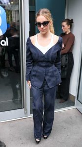 Sydney Sweeney in a Blue Pinstriped Pantsuit