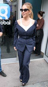 Sydney Sweeney in a Blue Pinstriped Pantsuit
