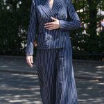 Hayley Atwell in a Blue Striped Pantsuit Attends Day 13 of 2025 Wimbledon in London 07/12/2025