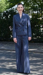 Hayley Atwell in a Blue Striped Pantsuit