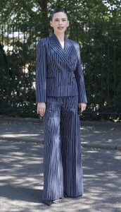 Hayley Atwell in a Blue Striped Pantsuit