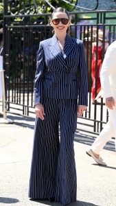 Hayley Atwell in a Blue Striped Pantsuit