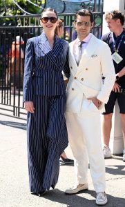 Hayley Atwell in a Blue Striped Pantsuit