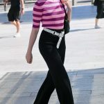 Julia Garner in a Pink Striped Blouse Was Seen Out in London 07/11/2025