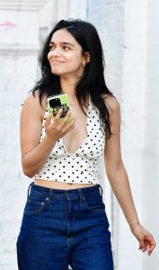 Rachel Zegler in a White Polka Dot Top