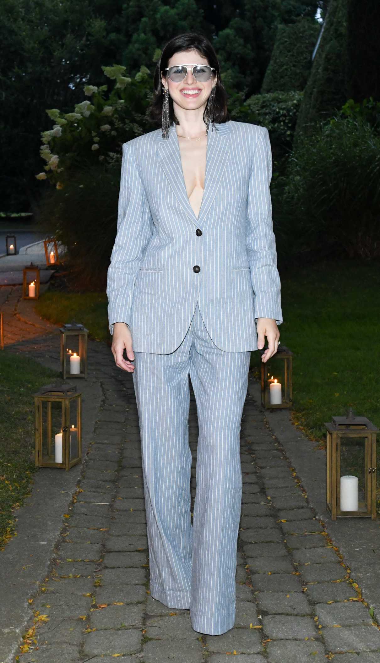 Alexandra Daddario in a Pinstriped Pantsuit