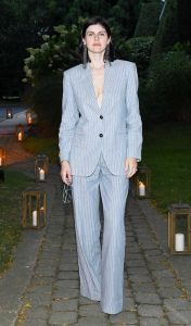 Alexandra Daddario in a Pinstriped Pantsuit