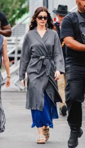 Anne Hathaway in a Grey Bathrobe