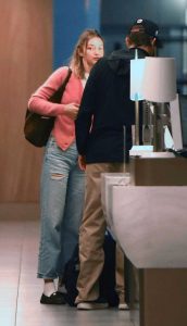 Gigi Hadid in a Pink Cardigan