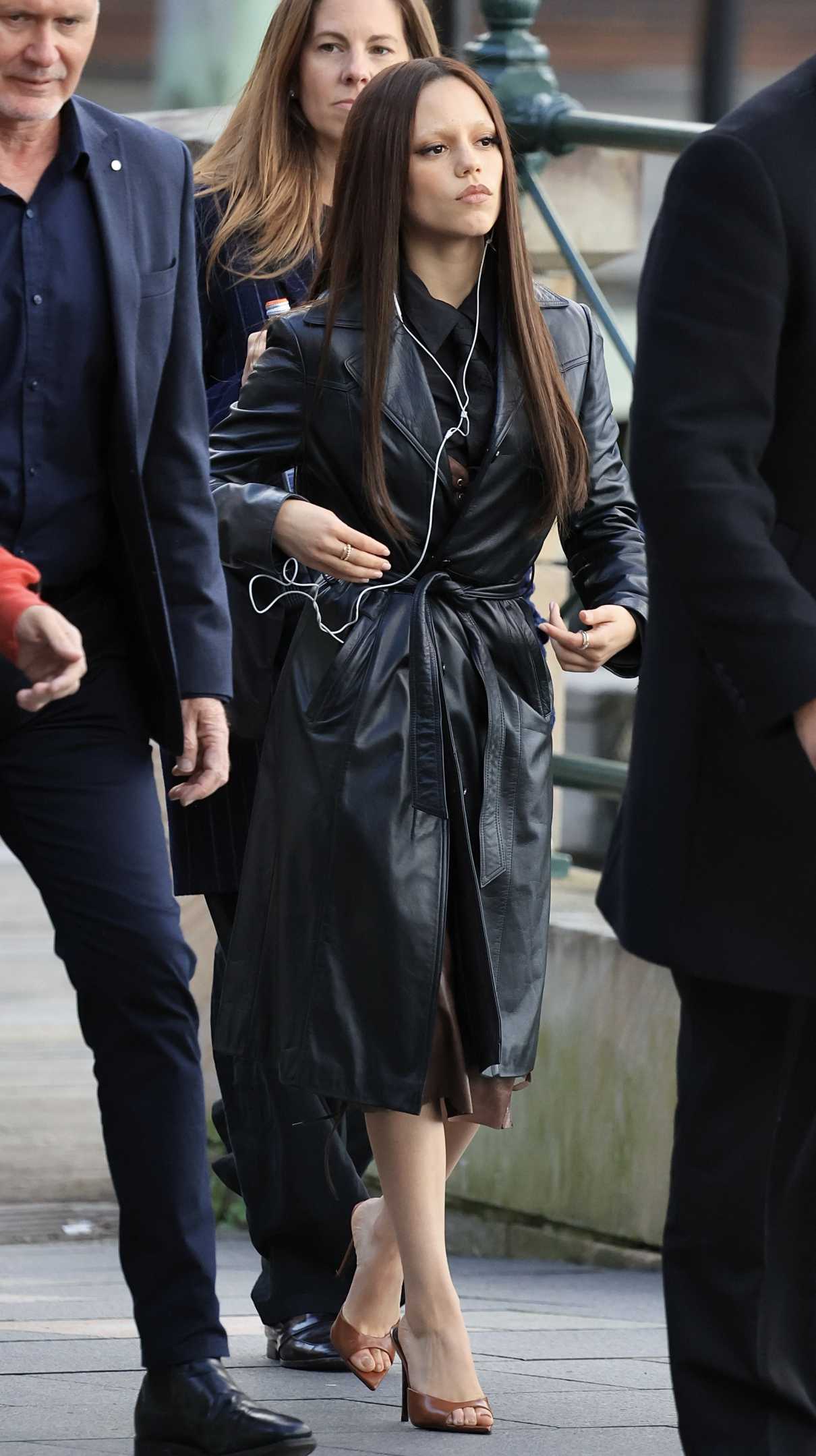 Jenna Ortega in a Black Leather Coat