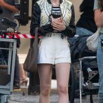 Lily Collins in a Beige Shorts Filming Season 5 of Emily in Paris in Paris 08/04/2025