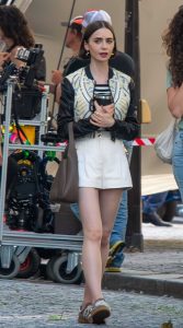 Lily Collins in a Beige Shorts