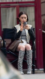Lily Collins in a Beige Shorts