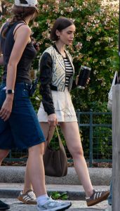 Lily Collins in a Beige Shorts